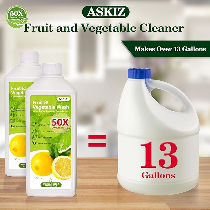 ASKIZ Fruit & Vegetable Wash,13 Gallons Lemon Produce Wash and Clean,Fruit Cleaner Comes With an Improved Nozzle Bottle,Multi Purpose Cleaner Removes Wax, Dirt and Surfaceues