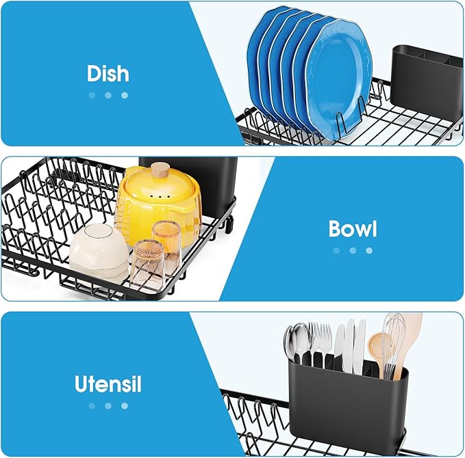 Urackify Over The Sink Dish Drying Rack, in Sink Dish Rack with Expandable Feet, Small Dish Drainer, Home Plate Dryer Storage Rack with Cutlery Holder, Black