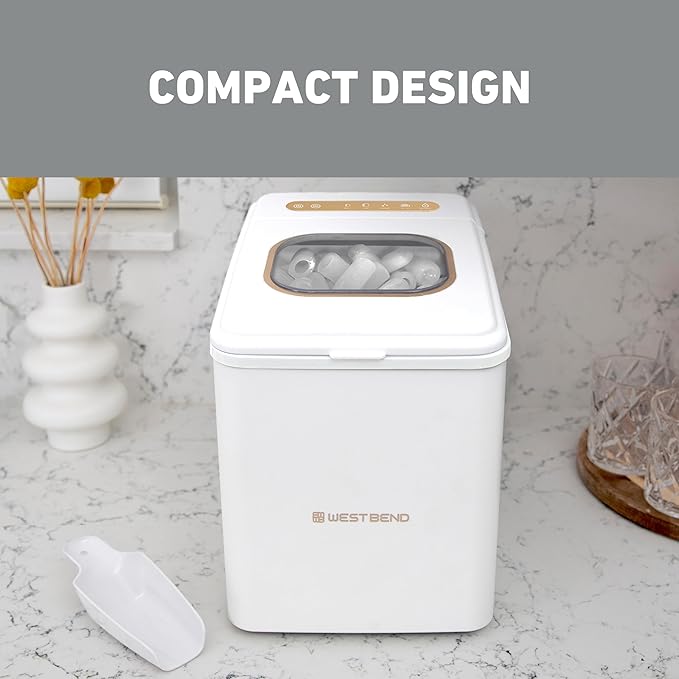 West Bend Timeless Ice Maker Mighty Ice Countertop Design Makes 26 Pounds of Bullet-Shaped Ice Cubes in 24 Hours, Digital Touch Controls and Self Cleaning Function, Includes Scoop, White/Gold