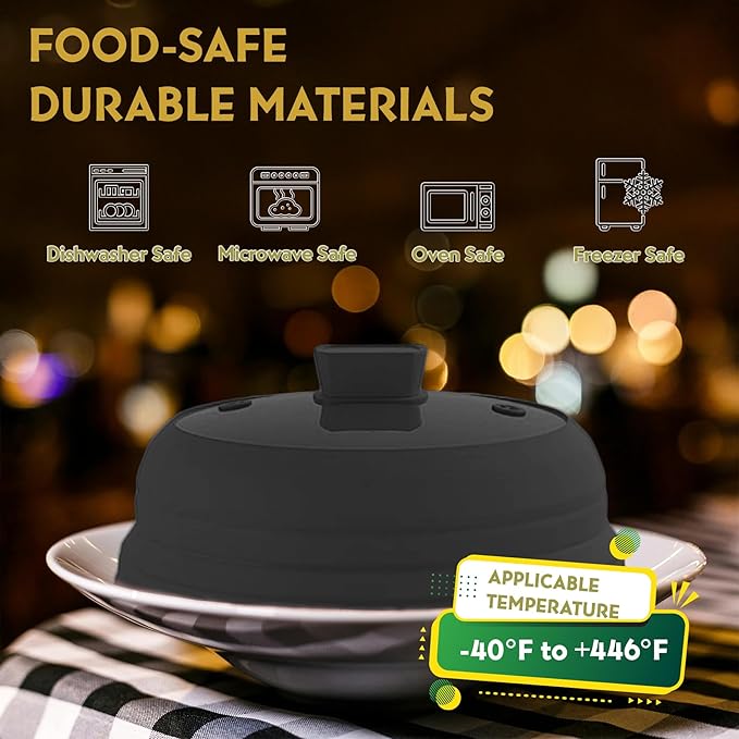Collapsible Microwave Splatter Cover, Glass Silicone Foldable Microwave Lid for Food, 10.8 Inch Grease Splatter Guard for Pots, Pans & Bowls, Black