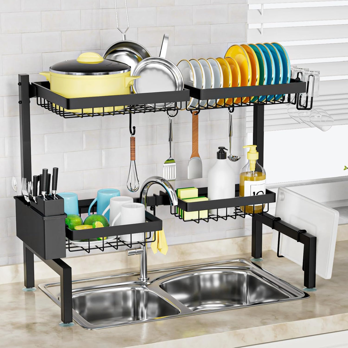SNSLXH［2-Tier 4 Baskets］Over The Sink Dish Drying Rack, 24.8"-35.4", Large Sink Rack for Kitchen, Extensible and Adjustable, Saving Kitchen Space