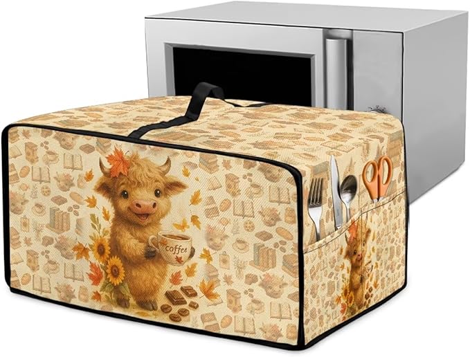 Toaster Oven Dust Cover Dustproof Convection Microwave Ovens Cover Stain-resistant Small Countertop Appliance Protector, M, Highland Cow Coffee Sunflower Fall Decor