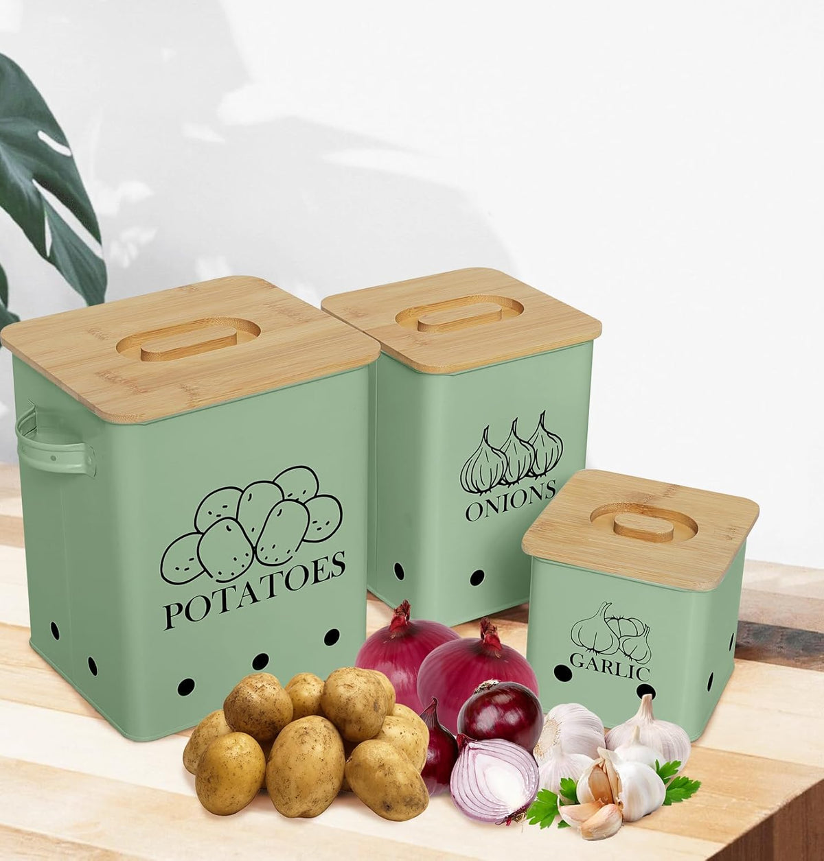 Kitchen Canisters Set, Storage Bin for Potato Onion & Garlic, 3 Pack Set Countertop Pots Containers with Wooden Lid - Potato Storage, Garlic Bin, Onion Keeper Tin with Aerating Holes-Green