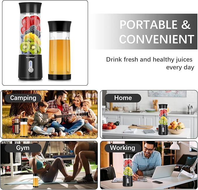 Portable Blender for Shakes and Smoothies,500ml Electric Juicer, 4000mAh Smoothie Blender with BPA-Free Material, USB Rechargeable Fresh Juice Blender for Travel, Gym, Outdoors, and Home, Black