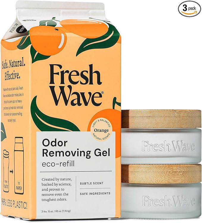 Fresh Wave Odor Removing Gel Eco-Refill, 63 oz. Orange Scent | 2 Empty Refillable Glass Jars | 2 Room Set