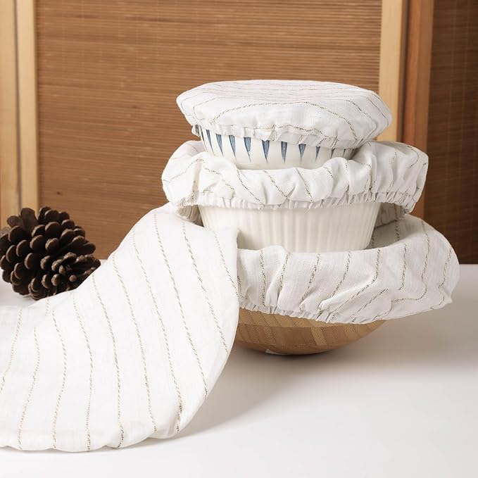 100% Linen Stripe Bowl Covers Reusable For Bread Proofing, 4 Pcs Elastic Cloth Fabric Bowl Covers, 5.9*7.9*9.8*11.8 Inches, White