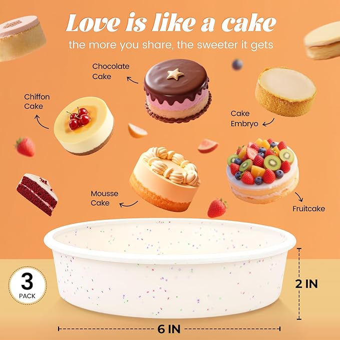 SJ 6 Inch Silicone Round Cake Pan with Metal Reinforced Frame Set of 3, Nonstick Silicone Cake Mold for Baking Suitable for Making Layers, Cheese & Chocolate Cakes