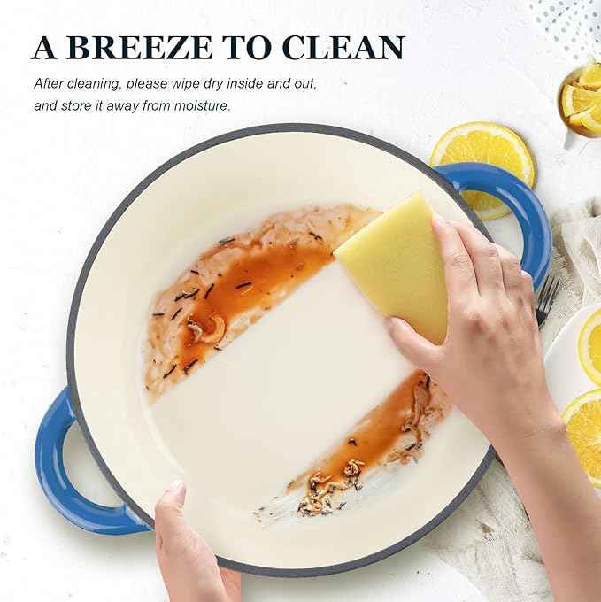 Overmont Enameled Cast Iron Dutch Oven - 4.5QT Pot with Lid Cookbook & Cotton Potholders - Heavy-Duty Cookware for Braising, Stews, Roasting, Bread Baking blue