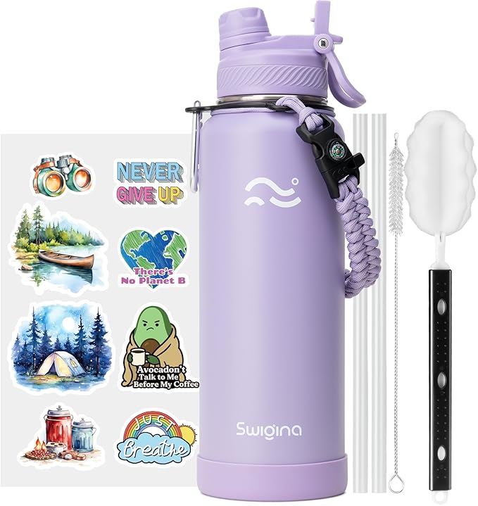 Swigina [2-IN-1 LID] Insulated Water Bottle with Silicone Boot (36hrs Cold/18hrs Hot) - DIY Stickers, Leakproof, BPA Free, 40 oz