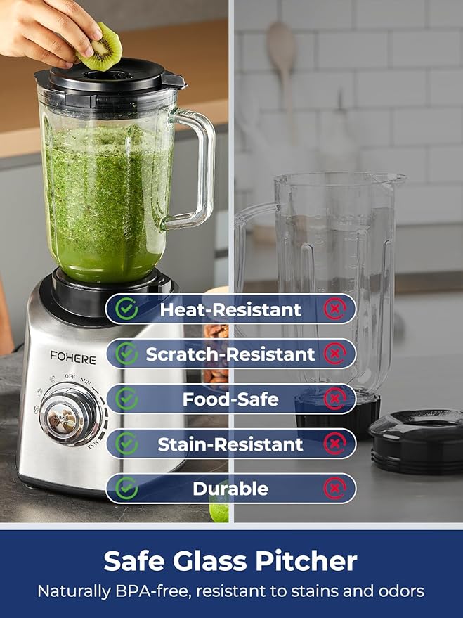 FOHERE Professional Blender Peak 1300W, Countertop Blender with 3 Presets＆ 5 Speeds for Smoothies, Shakes, and Frozen Drinks, 50 Oz Glass Jar ＆20 Oz Tritan Jug
