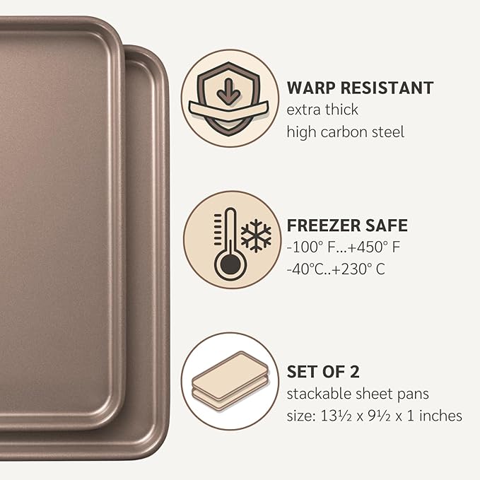 HAPPIELS 9 x 13-Inch Nonstick Quarter Sheet Pan Set of 2 | Non-Toxic, Rimmed Baking Sheet Set | Premium Quality Non-Stick Cookie Sheets for Baking | Small Sheet Pan Trays