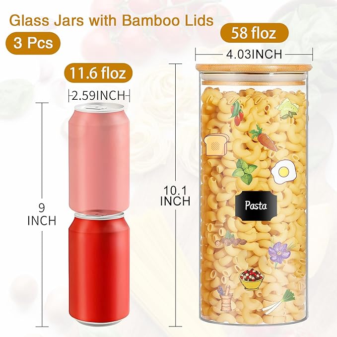 BGraceyy Glass Jars with Bamboo Lids, 58 oz 3 Pcs Kitchen Glass Containers with Bamboo Lids, Airtight Glass Pantry Storage Containers with Lids for Rice, Flour, Nuts, Cookie, Pasta, Oatmeal, Bean