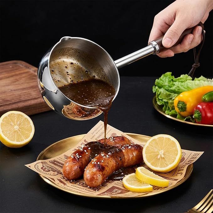 Mini Milk Warmer Pot, 15 OZ/450 ml Stainless Steel Melting Pot, Hot Oil Pan with Wood Handle, Dual Spouts Small Saucepan for Seafood Butter Chocolate Cooking Restaurant Kitchen Camping
