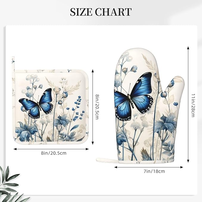 Oven Mitts and Pot Holders Butterfly Blue Flower Boho Silicone Kitchen Accessories Set of 4 Heat Resistant Long Gloves Potholder Non-Slip Grip for Chef Cooking Baking Grilling BBQ