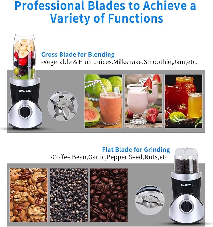 Amateys Personal Blender for Shakes and Smoothies,Professional Kitchenblender with Blending & Grinding Blades, Portable Coffee Grinder with 24/10 OZ Travel Bottles, Adjustable Speeds Juice Blender