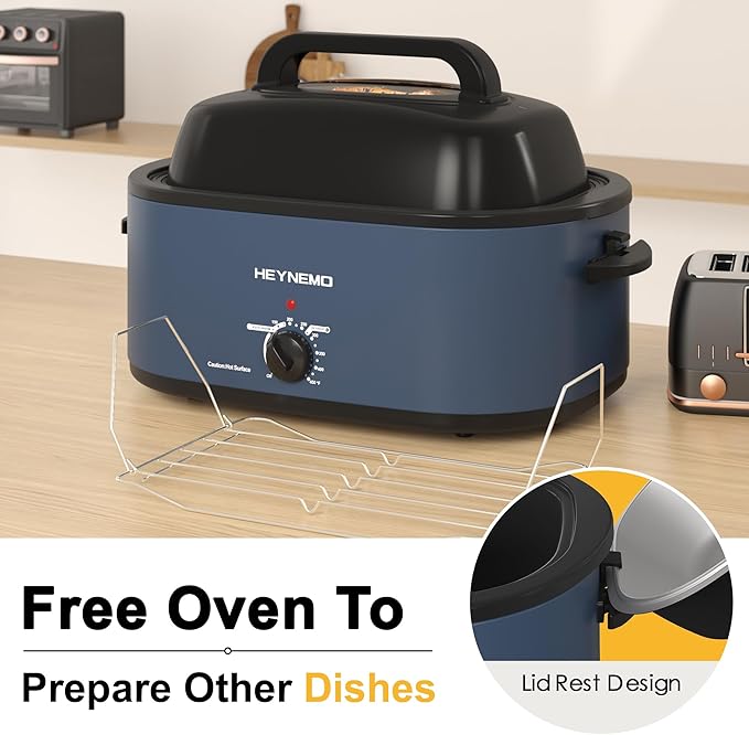 26 Quart Electric Roaster Oven with Visible & Self-Basting Lid, Large Turkey Roaster with Defrost Warm Function, Adjustable Temperature, Removable Pan Rack, Stainless Steel, Blue