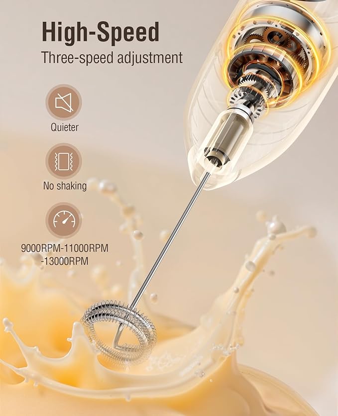Dynooper Electric Milk Frother Handheld: coffee frother rechargeable 3 in 1 - LED Display, Wireless Charging - 3 Speeds, Stainless Steel Whisk for Latte, Cappuccino - Bright Grey