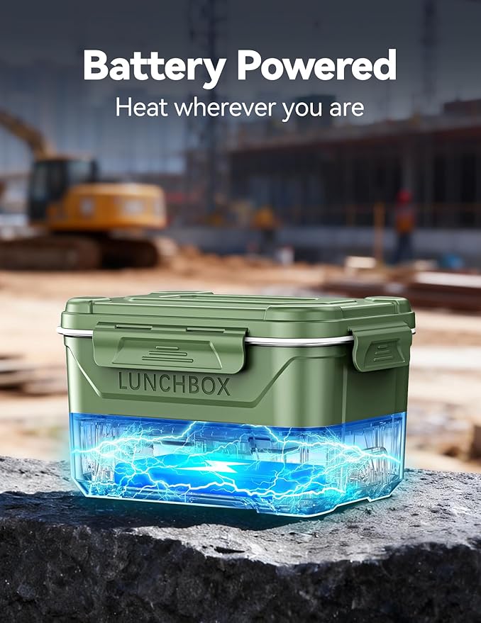 EAST OAK Heated Lunch Box for Men, Electric Lunch Box for Adults, 5.5 Cups Cordless Portable Food Warmer, Rechargeable Self Heating Food Heater with Memory Function, Automatic Keep Warm(Green)