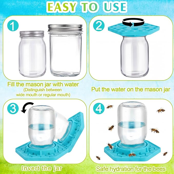 4 Pack Bee Feeder for Mason Jar Bee Watering Station Garden Silicone Sugar Water Feeder Beekeeping Drinking Equipment Tools with Mason Jars for Drinking Water(Teal)