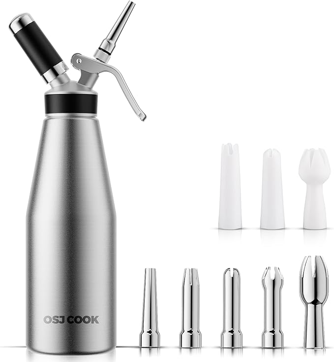 Professional Aluminum Whipped Cream Dispenser - 1000 mL/2 Pint,Leak-Free Whipped Cream Maker Canister with 8 Decorating Nozzles & Cleaning Brush - N2O Chargers (Not Included) (Silver, 1000ml)