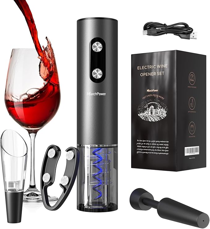 Marchpower Electric Wine Bottle Opener, Cordless Rechargable Automatic Red Wine Corkscrew with Aerator Pourer, Foil Cutter, Vacuum Preservation Stopper and Base, Home Bar Accessories for Wine Lovers