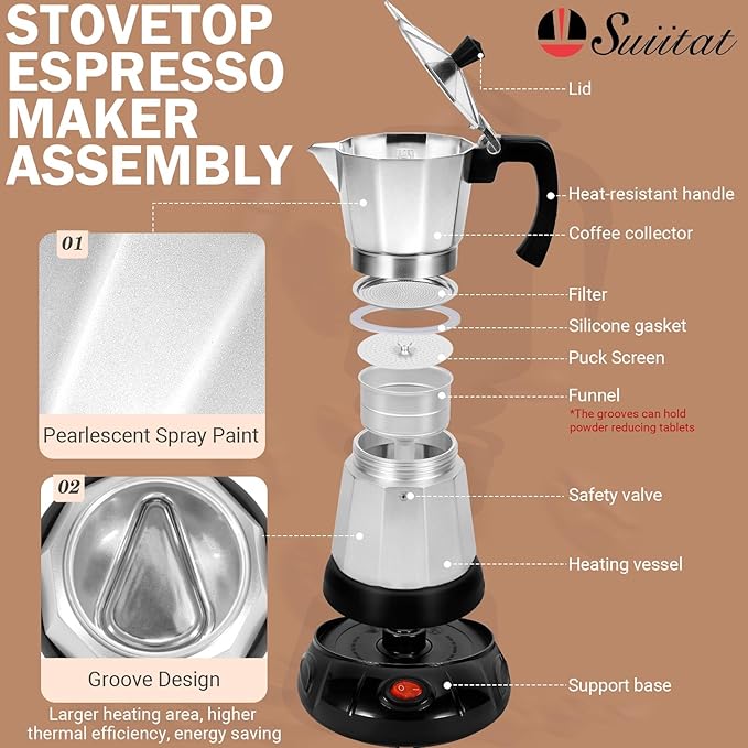 Silver Aluminum Electric Moka Pot, 3 or 6 Cups Espresso Maker with Dose Reduction Plate