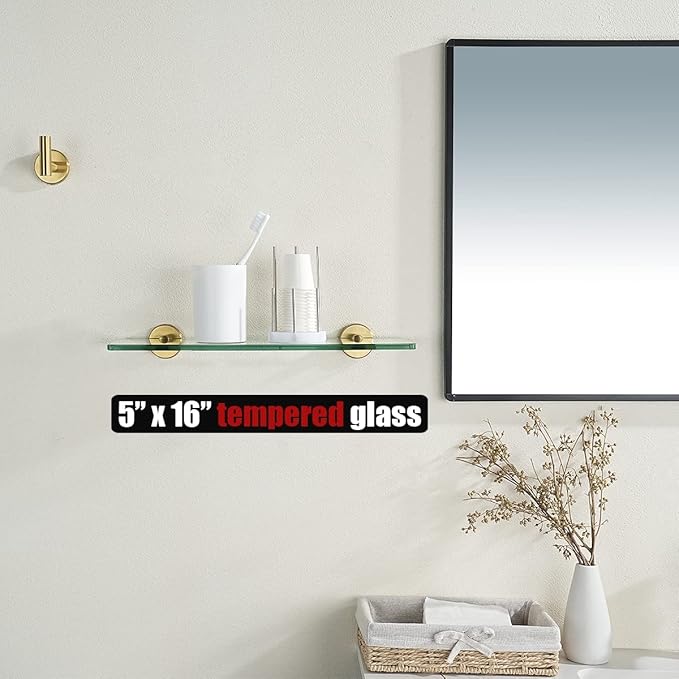 JQK Bathroom Glass Shelf Gold, Tempered Glass Shower Storage 16 by 5 inches, 304 Stainless Steel Brushed Gold Wall Mount 2 Pack, TGS101L16-BG-P2