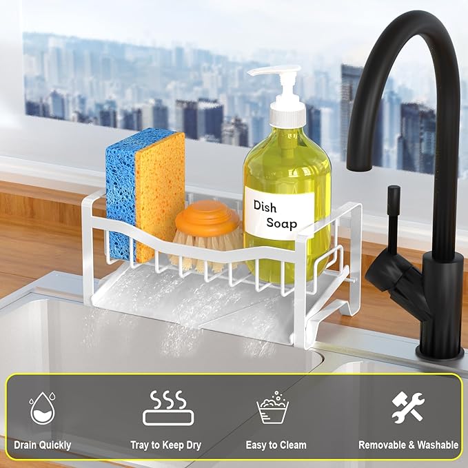 Maifan Stainless Steel Kitchen Sink Caddy Organizer with Auto Drain Tray, Sponge Holder for Countertop Storage (White)