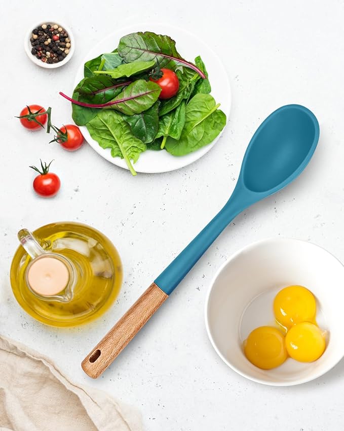Large Silicone Cooking Spoons, Nonstick Solid Wooden Handle Spoon, Heat Resistan Silicone Kitchen Spoons for Cooking, Serving, Basting, Mixing, 13.2inch (BLUE)
