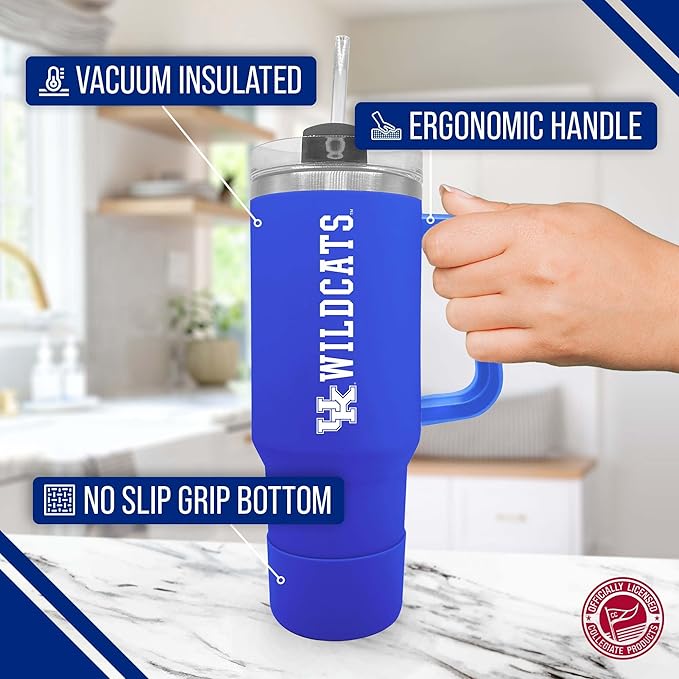 Campus Colors College & University 40 oz Travel Tumbler With Handle - Dual Option Lid With Straw - Vacuum Insulated Stainless Steel (Kentucky Wildcats - Royal)