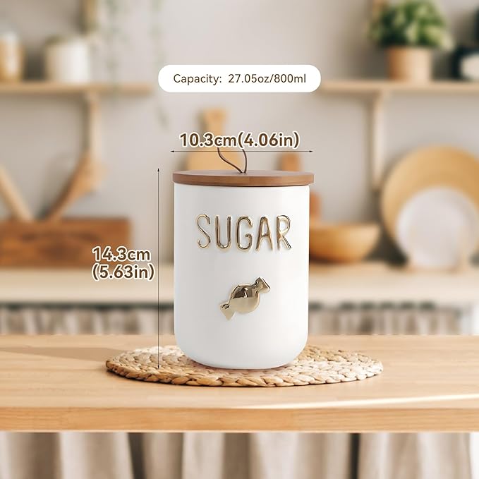 Ceramics Sugar Container, Sugar Bowl with Airtight Lids, Simple Style Kitchen Canisters for Countertop, White Sugar Storage Canisters(27.05oz/800ml)