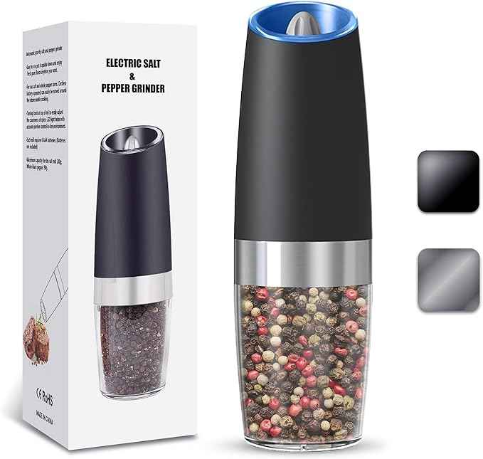 Gravity Electric Salt and Pepper Grinder, Automatic Salt And Pepper Grinder, Adjustable Roughness, Battery Powered, LED Light, 1 Pack, (Black)