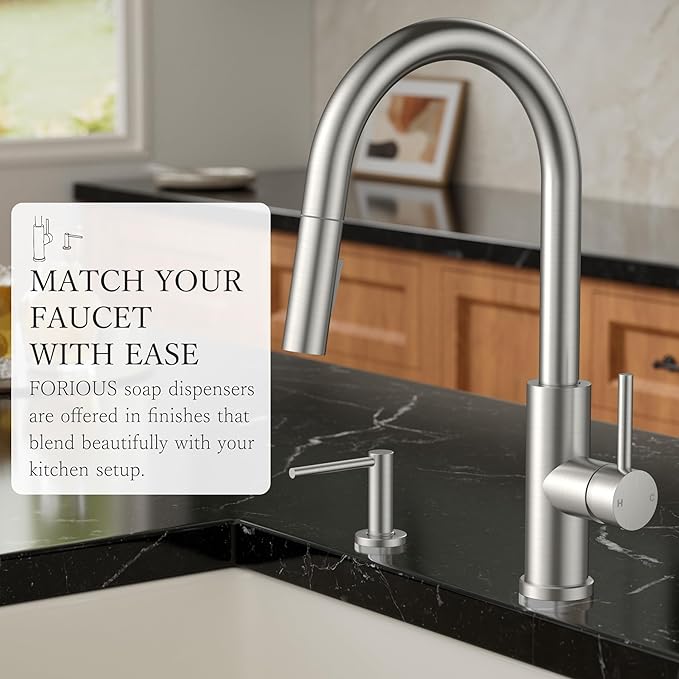FORIOUS Soap Dispenser for Kitchen Sink, Stainless Steel Liquid Dish Soap Dispenser Pump with Top Refill 17oz Soap Bottle, Brushed Nickel Built in Sink Lotion Dispenser for Kitchen Countertop