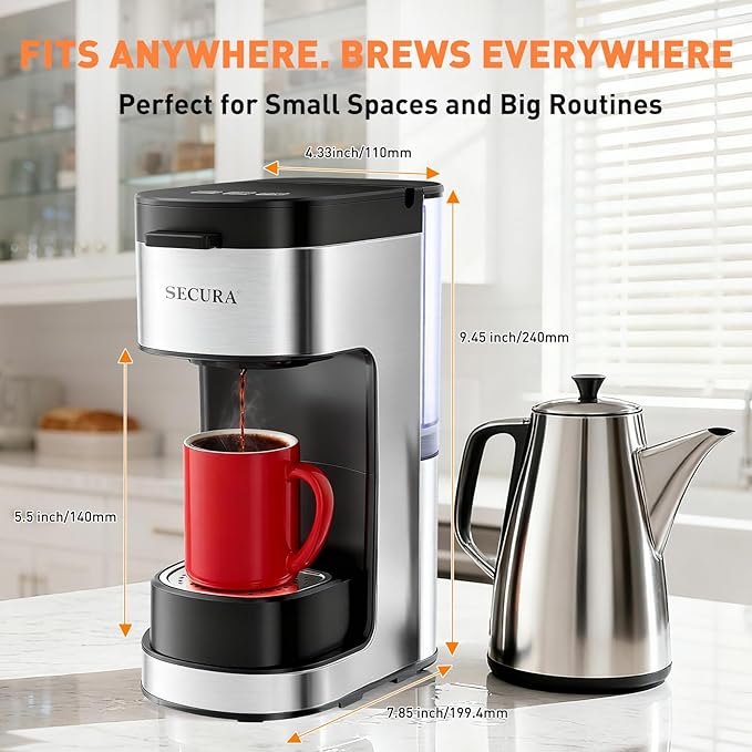 Secura Single Serve Coffee Maker K Cup and Ground 2-In-1 Coffee Maker with 3 Brew Modes, Removable Reservoir & Drip Tray, 6 to 12 Oz Brew Sizes