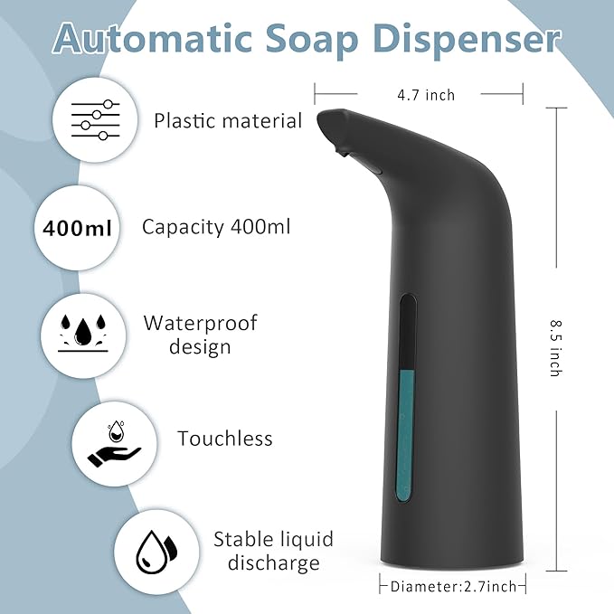Automatic Soap Dispenser Touchless,400ML Hand & Dish Countertop Electric Liquid Dispenser with Sensor,Modern 4 Gear Adjustable Black Waterproof Battery Operated Kitchen Auto Soap Pump