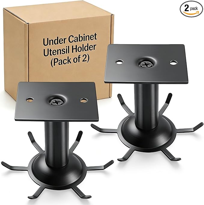 Utensil Hooks, 2 Pack Metal Steel Kitchen Utensil Hangers Rack 360° Rotating Under Cabinet Utensil Hooks Top Mounted with 6 Rotatable Claws for Cabinet Kitchen Bathroom