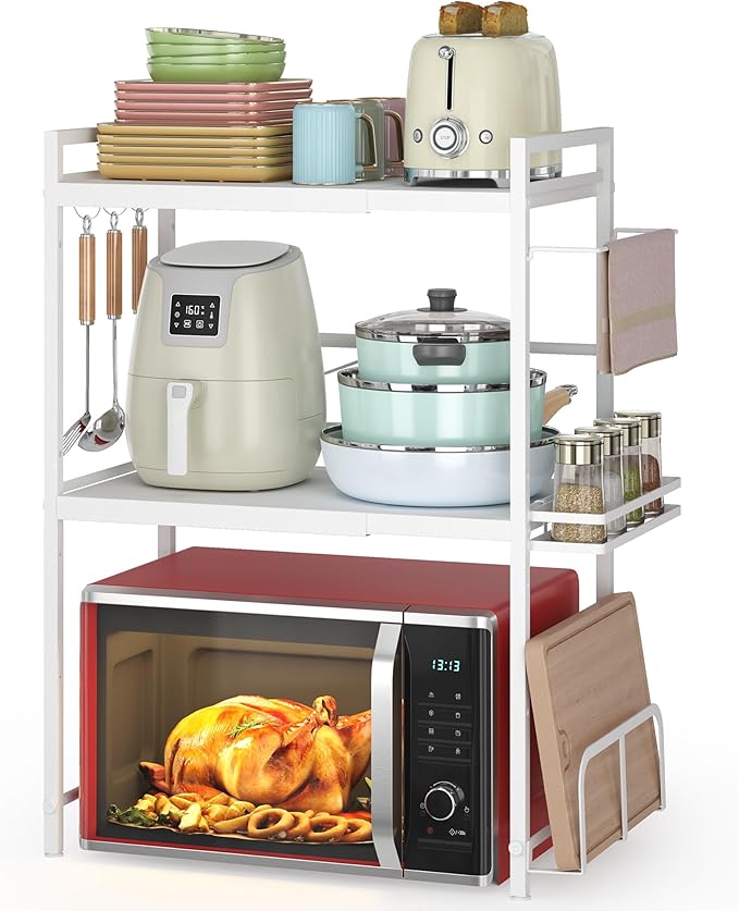 DOLALIKE Microwave Oven Rack, Expandable Microwave Stand Kitchen Countertop Organizer Utensils Storage, Carbon Steel Over Microwave Shelf with 3 Hooks (White, 3 Tier- With Storage)