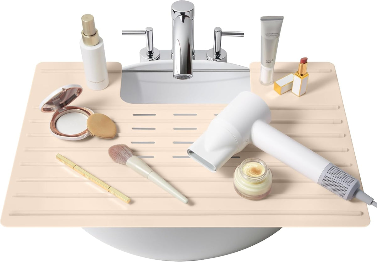 Maplefield Bathroom Sink Cover for Counter Space, Heat Resistant Silicone Sink Mat for Your Beauty Routine, Small Bathroom Space Saver Sink Cover for Makeup (Beige Large, 22 x 2 x 2 Inches)