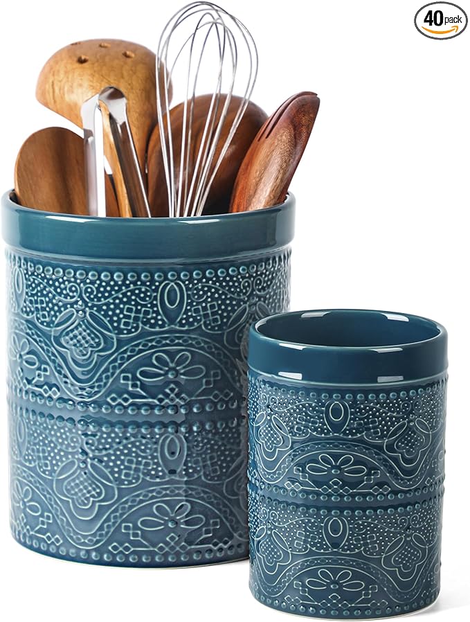 FUN ELEMENTS Kitchen Utensil Holder, 7.2+5.5" Super Large Utensil Crock Heavy and Stable Lace Emboss Ceramic Utensil Holder for Kitchen Counter(2Pcs Grayish Blue)