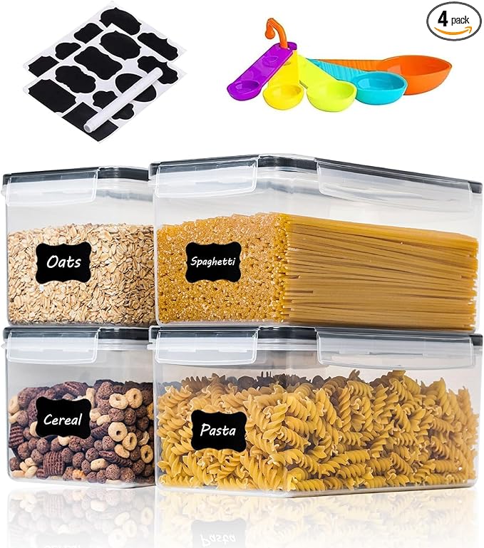 Airtight Food Storage Containers with Lids, BPA-Free Plastic Canisters for Pasta, Spaghetti & Kitchen Pantry Organization 4pcs (3.2L)