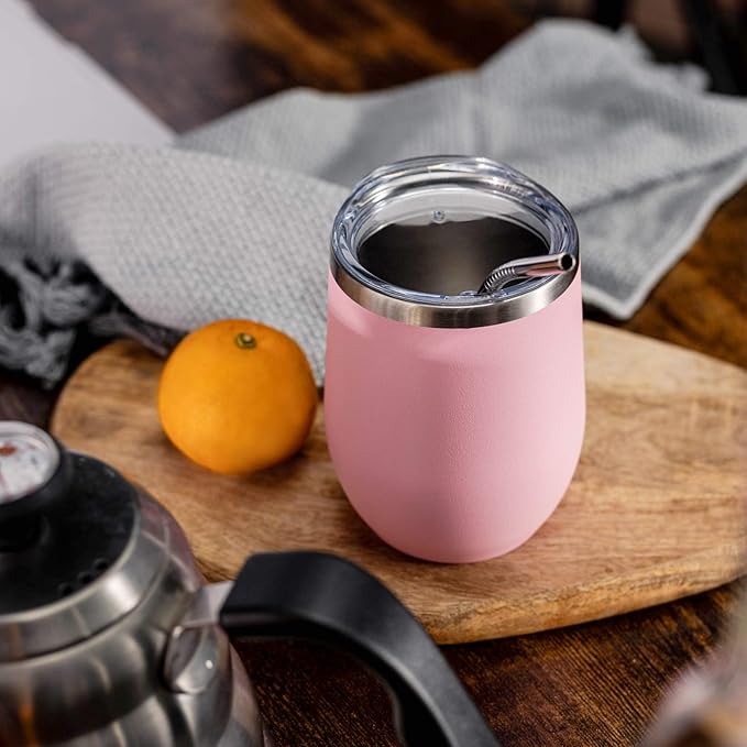 COMOOO Stainless Steel Wine Tumbler 4 Pack with Lid and Straw 12oz Double Wall Vacuum Insulated Travel Tumbler Cup Stemless for Hot and Cold Drinks,Coffee,Wine,Cocktails, Pink