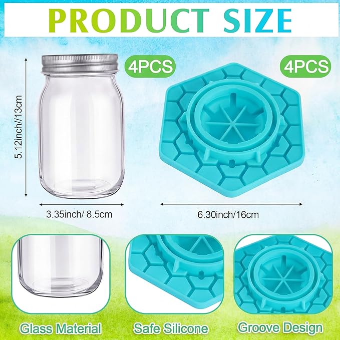 4 Pack Bee Feeder for Mason Jar Bee Watering Station Garden Silicone Sugar Water Feeder Beekeeping Drinking Equipment Tools with Mason Jars for Drinking Water(Teal)