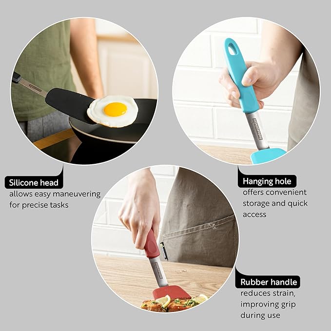 Restaurantware Comfy Grip 12 x 3 Inch Silicone Turner 1 Durable Cooking Turner - Stainless Steel Body Rubber Handle With Hole Black Silicone Flipper Spatula Tolerates Up To 446F Dishwashable