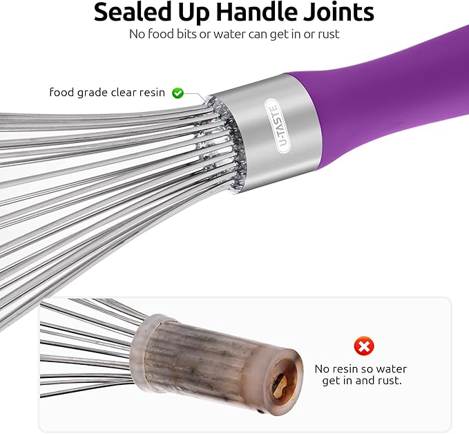 U-Taste Balloon Whisk for Cooking: 18/10 Stainless Steel Kitchen Wire Whisk, 12in Large Heavy Duty Egg Beater, Manual Mixing Tool with 12 High Flex Wires for Stirring, Blending Sauce (Purple)