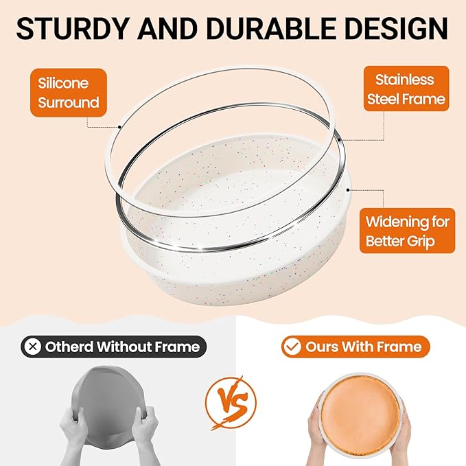 SJ 6 Inch Silicone Round Cake Pan with Metal Reinforced Frame Set of 2, Nonstick Silicone Cake Mold for Baking Suitable for Making Layers, Cheese & Chocolate Cakes