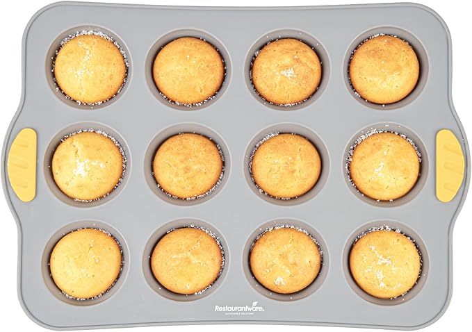 Restaurantware Silicone Baking Mold Pack of 1 Non-Stick Muffin Mold with Handles 12 Compartments, Oven-Friendly Dishwashable Freezer-Friendly Heat-Resistant Gray Silicone Cupcake Muffin Pan