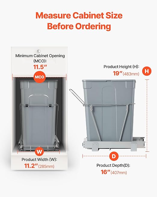VEVOR Pullout Trash Can for Kitchen Cabinets, 35 QT Garbage Waste Recycling Bin, Under Mount Waste Container, with Heavy Duty Metal Full Extension Sliding System and Handle, for Sink, Under Counter