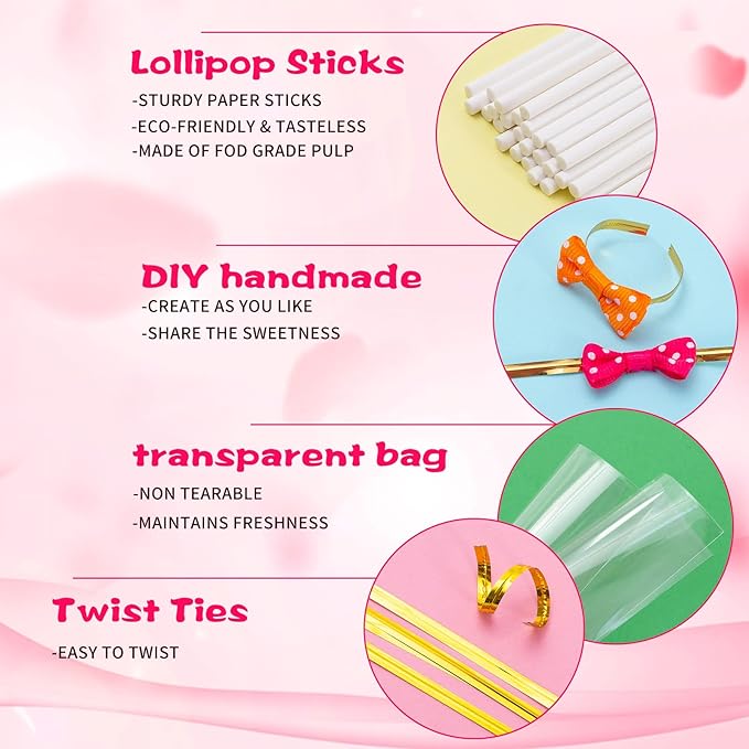 SOTMALTK 320Pcs Cake Pop Sticks and Wrappers Kit, 6inch Lollipop Sticks with Cake Pop Bags and Metallic Twist Ties Bow, Perfect for Making Lollipops,Candies,Chocolates and Cookies - Great for Parties
