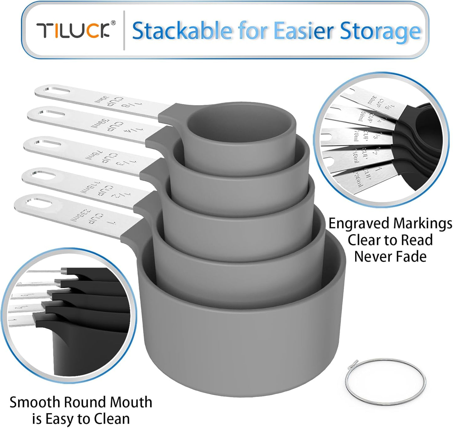 TILUCK Measuring Cups & Spoons Set, Stackable Cups and Spoons, Nesting Measure Cups with Stainless Steel Handle, Kitchen Gadgets for Cooking & Baking (Gray)