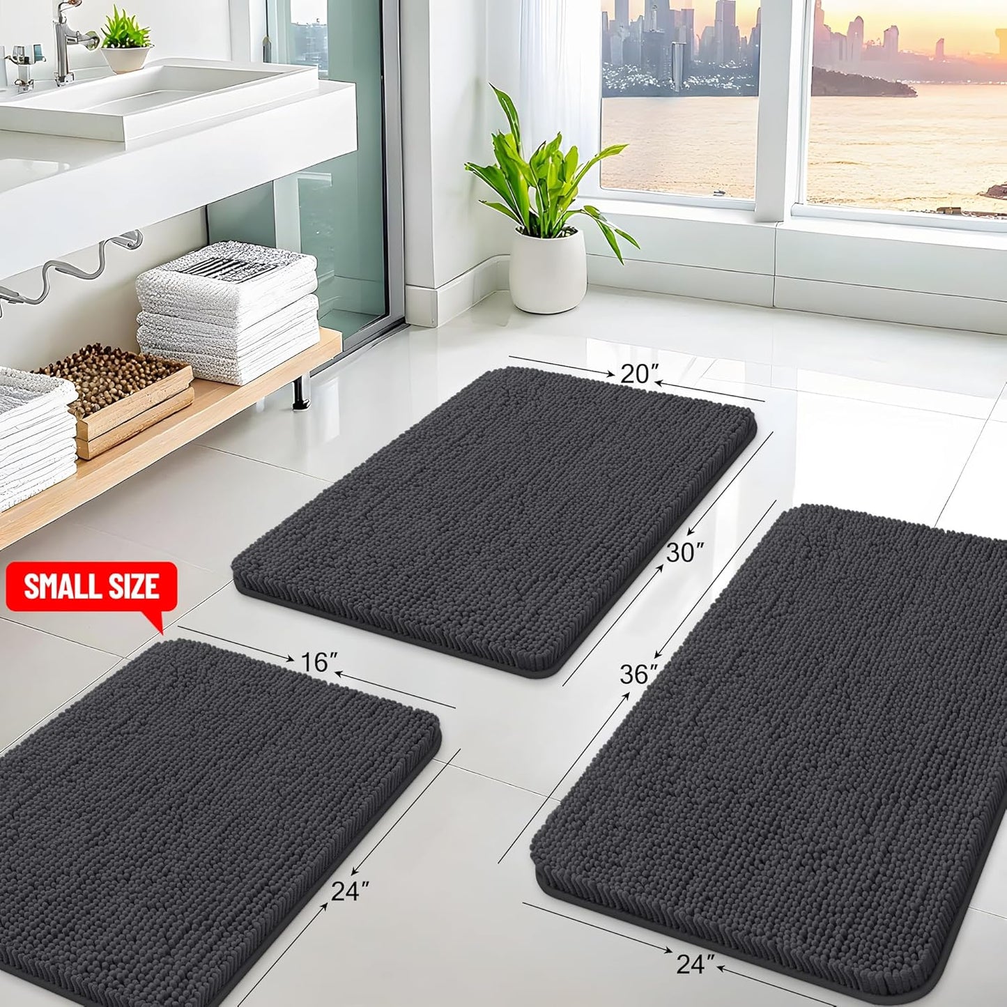 Arotive Bathroom Rugs 30x20, Extra Soft Absorbent Shaggy Chenille Bath Rugs, Machine Washable Rubber Backing Non-Slip Bath Mats for Bathroom Floor Tub and Shower, Home Decor Accessories, Dark Grey